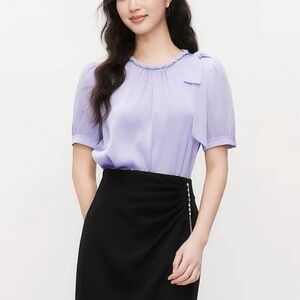 Women’s Bow-Shoulder Satin Blouse in Lilac with Pearl Decoration